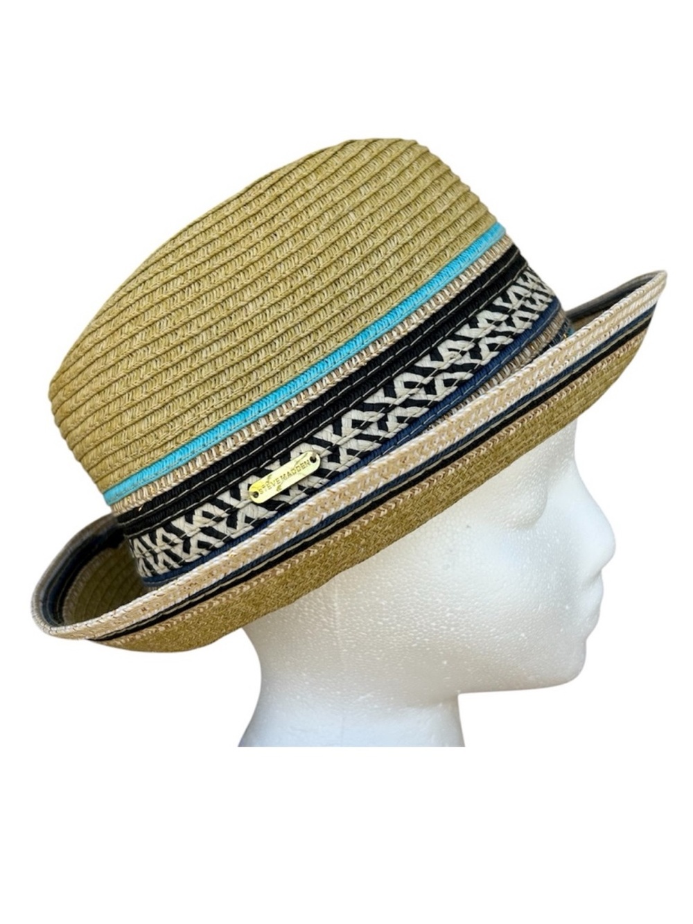 Steve‎ Madden Reeortwear Straw Fedora Hat With Patterned Blue Teal Stripe Detail